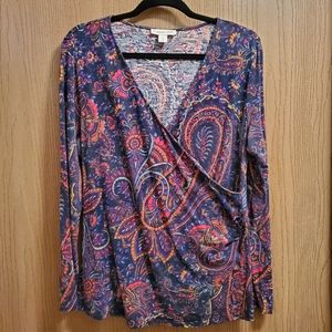 Coldwater Creek Floral Faux Wrap Top size L
